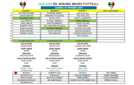 CONVOCATIONS MATCHS U13 : SAMEDI 02 FEVRIER