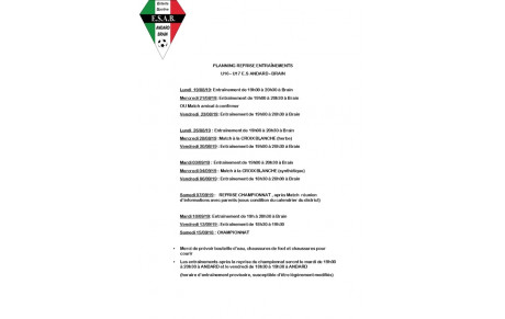 Planning de reprise U17 saison 2019 - 2020