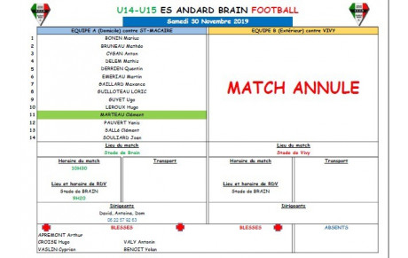 U15 : CONVOCATION SAMEDI 30 NOVEMBRE