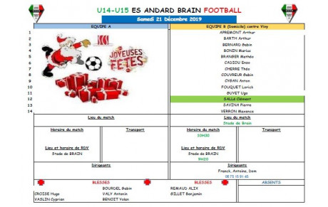 U15 : CONVOCATION SAMEDI 21 DECEMBRE