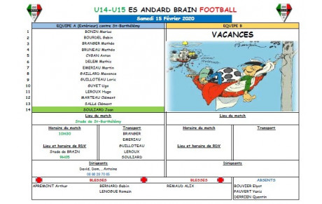 U15 : CONVOCATION SAMEDI 15 FEVRIER