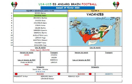 U15 : CONVOCATION SAMEDI 29 FEVRIER