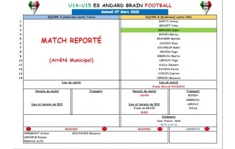 U15 : CONVOCATION SAMEDI 07 MARS